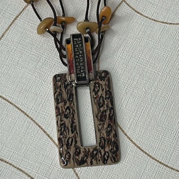 CHICO'S Necklace Rectangle Pendant Multi Strand Orange Beads Brown Beaded Cord - Picture 2 of 6